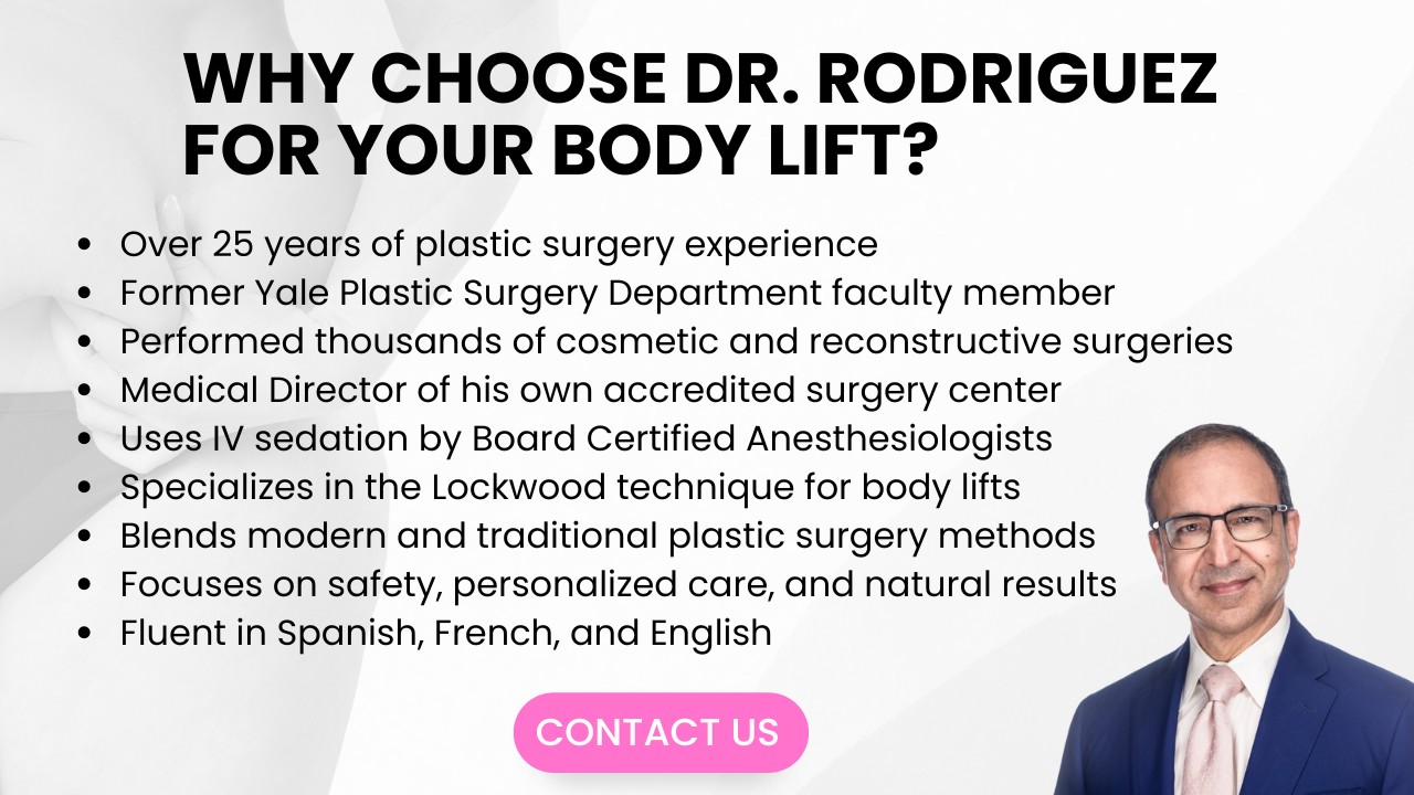 Banner image listing reasons to choose Dr. R for your body lift: 25+ years of experience, former Yale faculty, thousands of surgeries, accredited surgery center, IV sedation by certified anesthesiologists, Lockwood technique, blends modern and traditional methods, focuses on safety and natural results, fluent in Spanish, French, and English.