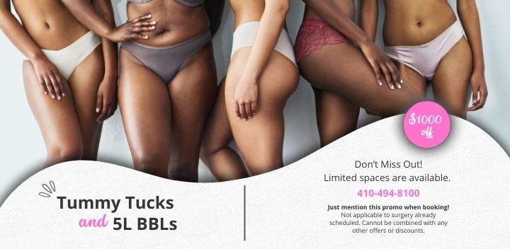 Promotional banner featuring a diverse group of women's midsections in underwear, advertising a $1000 discount on tummy tucks and 5L BBLs. Includes a call to action with a phone number (410-494-8100) and a note about booking restrictions.