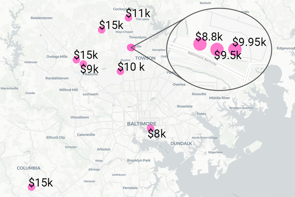 Map of Baltimore showing plastic surgeon locations marked with pins, each labeled with their starting tummy tuck prices.